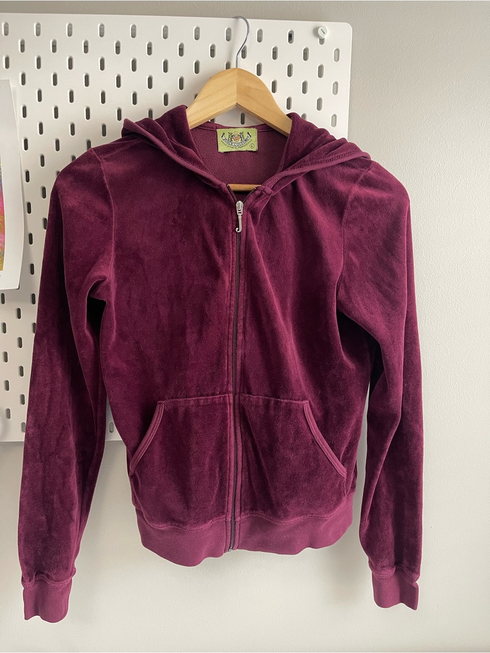 Vintage Juicy Couture Velour Zip Up Hoodie Burgundy Floral Monogram Y2K Size L